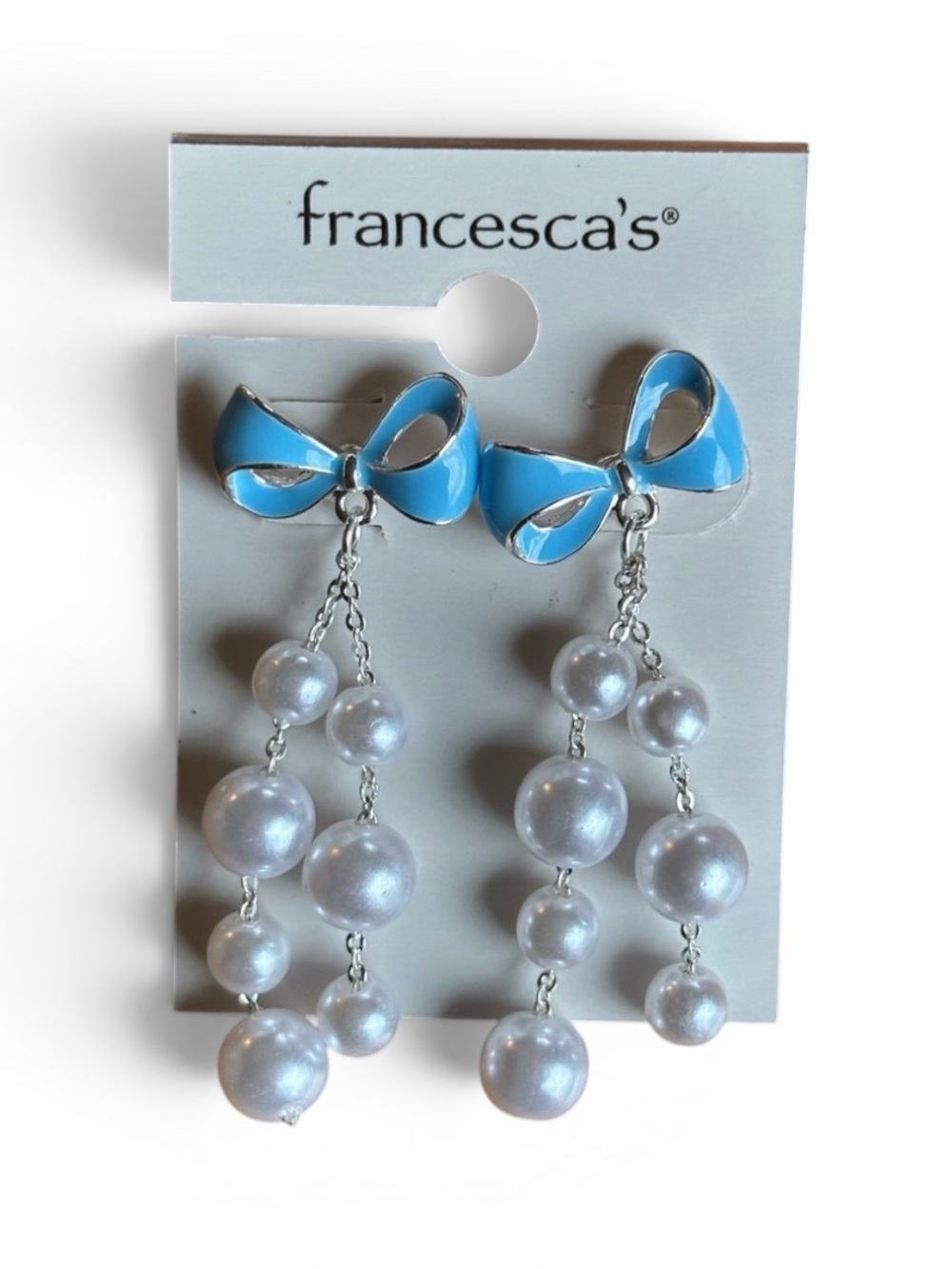 Francesca's Marlene Blue Bow & Pearl Drop Strand Earrings